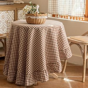 Coffee Plaid Ruffled Table Cover Linen 60Inch Round Gingham Tablecloth Classic Farmhouse Vintage Checkered Table Cover Decorative Buffalo Plaid for Home Holiday Party 60"(Round)