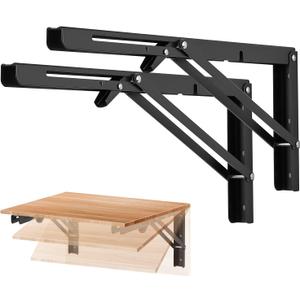 Ravinte 16 Inch Folding Shelf Brackets - Matte Black Collapsible Heavy Duty Brackets for Table Bench - Space Saving, 2 Pack