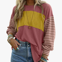 Dokotoo Long Sleeve Tops Oversized 2025 Trendy Round Crew Neck Casual Color Block Womens Shirts Blouses M