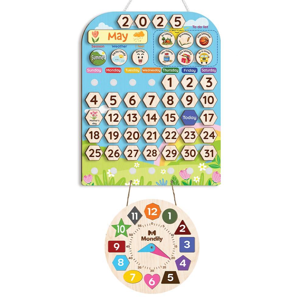 Mondily Interactive Calendar for Kids Ages 3+, Wooden Toddler Calendar, Teaching Seasons, Years, Months, Days of Week, Daily Activity Calendars for Kid Preschool & Homeschool (10 x 14 inches)