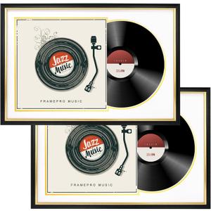 FramePro Record Frame with 2 Double Sided Mats (White over Gold), Jukebox Record Album Frames for 12x12 LP Covers, Vinyl Record Display, Black Picture Frame with Gold Trim, Pack of 2