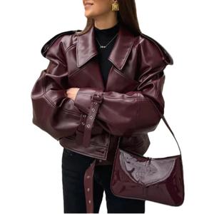 THLAI Womens PU Leather Jacket Long Sleeve Retro Collar Motorcycle Jacket Casual Coat (Purple) L