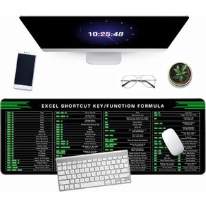 Excel Cheat Sheet Desk Pad, 31.5"x11.8", Waterproof Extra Large Excel Shortcut Mat with Stitched Edges, Anti-Slip Excel Mouse Pad for Office Desk, MS Excel/Word Shortcuts (Green Excel J)