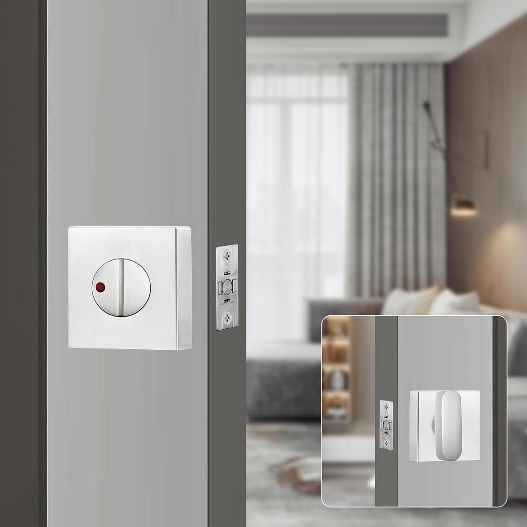 Bathroom Door Knob Lock with Indicator Light,Modern Privacy Lock, Square Deadbolt Lock (Keyless), Interior Swivel Knob, for Home,Office,Bathrooms,Restrooms (Silver)