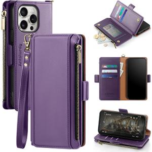 Antsturdy Compatible with iPhone 16 Pro Max Wallet Case,RFID Blocking PU Leather Phone Case Women Men Kickstand flip Cover Wrist Strap Zipper Credit Card Holder Slots for Apple 16 ProMax,Purple