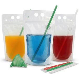 C CRYSTAL LEMON 100PCS Drink Pouches with Side Straw Port, Resealable Drink Bag Set with Straws & Funnel, 17oz Clear Beverage Pouches for Juice, Smoothies, Cocktails & Slushies