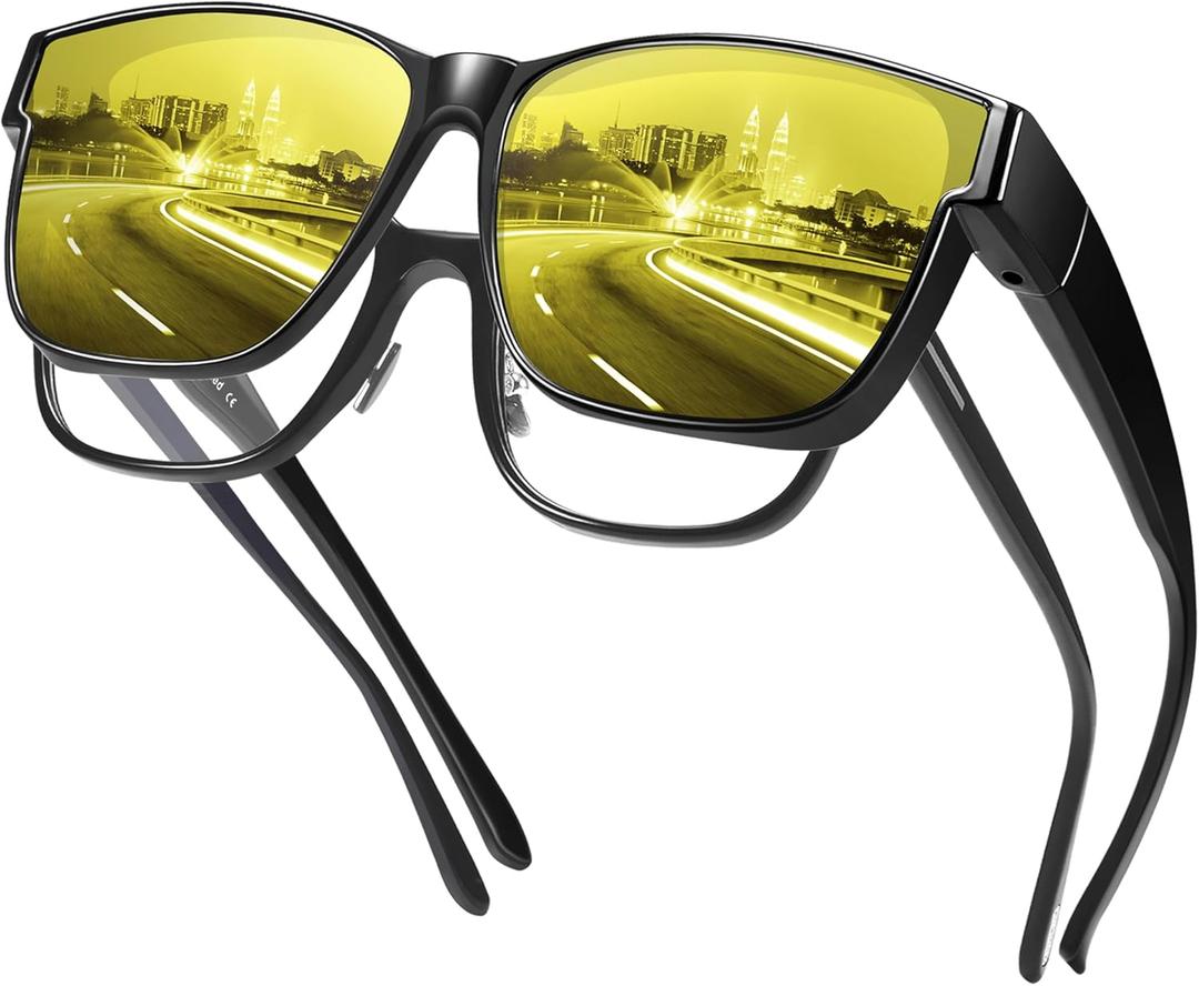 URUMQI Night Vision Driving Glasses Fit Over Eyeglasses for Men Women, Anti Glare Polarized Nighttime Glasses Yellow Lens (A01 Glossy Black Frame/Night Vision Lens)