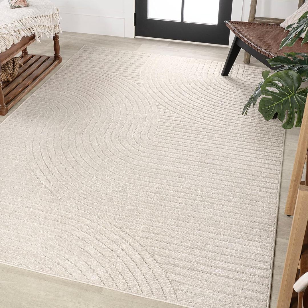 JONATHAN Y Hallie High-Low Curve Ivory/Cream Indoor/Outdoor Area Rug, 9x12, Minimalist, Pet Friendly, Non-Shedding, Stain Resistant, Hose-Washable for Backyard, Patio, Porch (SCN100B-9)