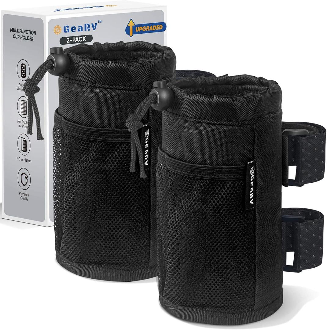 GEARV 2Pack Cup Holder for Bike, Scooter and Wheelchair, Water Bottle Holder for UTV/ATV, Walker, Golf Cart and Beach, Universal Drink Holder Accessories with Net Pocket and Cord Lock (Black)