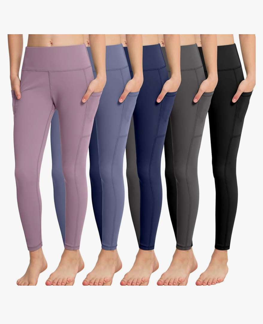 CHRLEISURE Girls' Athletic Leggings with Pockets, 5 Packs Kids Teen Dance Yoga Workout Running Pants for 5-15 Years, L
