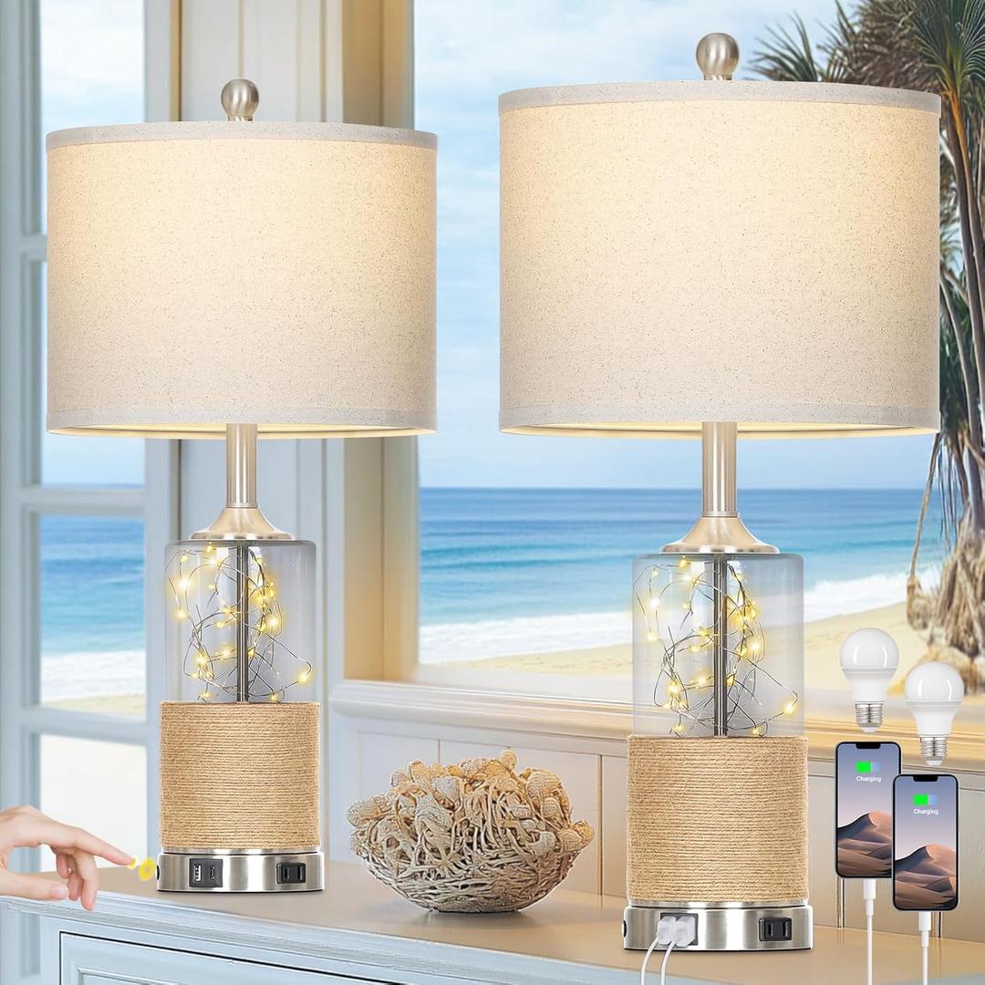 25" Coastal Glass Lamps Set of 2, Touch Control 3-Way Dimmable Night Light Modern Table Lamp with USB A+C Ports & AC Outlets Linen Fabric Shade for Living Room Bedroom Silver Ocean(LED Bulbs Included)
