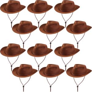 Hicarer 12 Pieces Disposable Plastic Cowboy Hat Set for Party Felt Wide Brimmed Western Cowgirl Hat for Men Women (Brown)