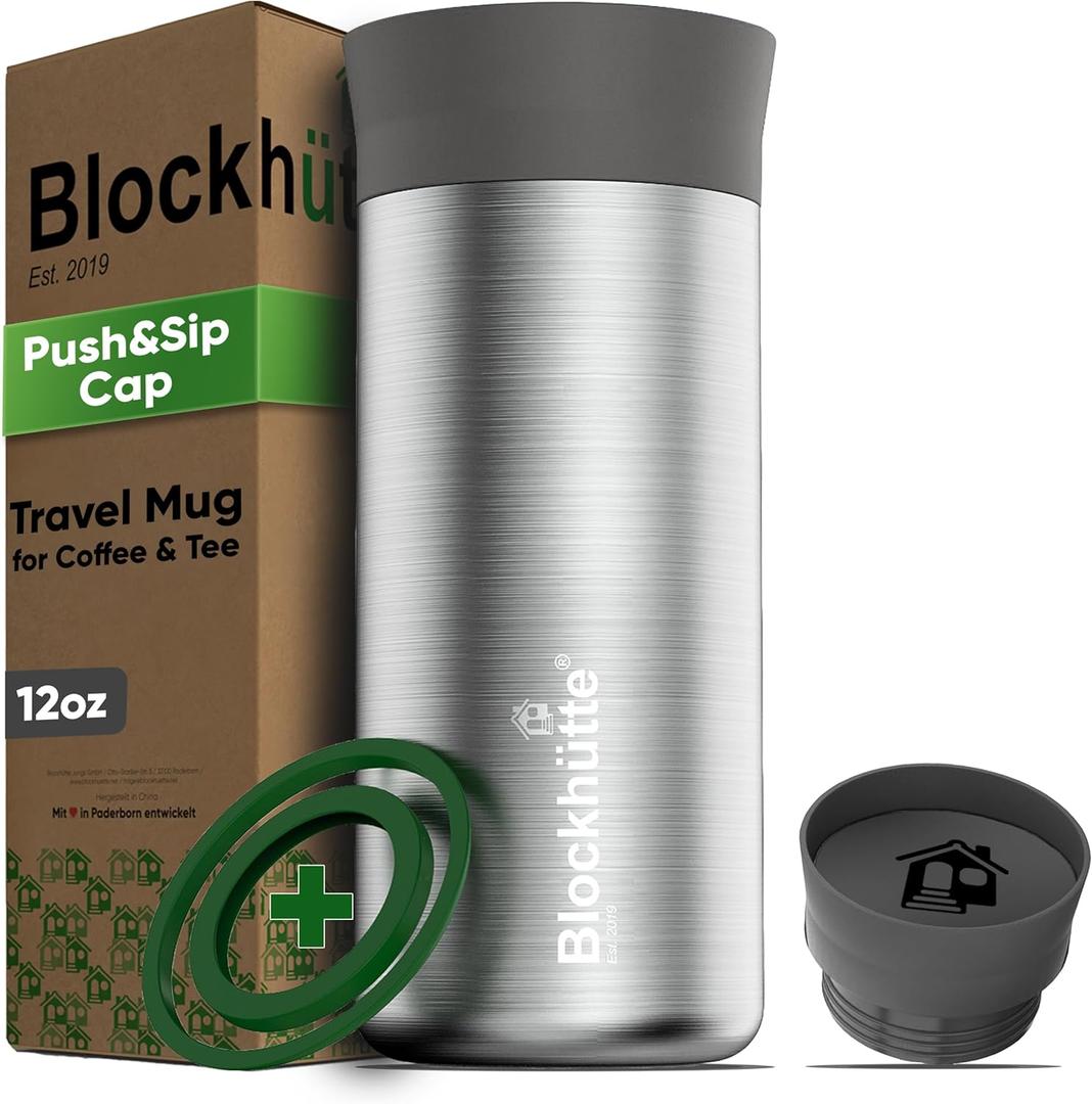 Blockhtte Insulated Coffee Tumblers Stainless Steel, Travel Mug 12oz, Insulated Coffee Cup 8h Hot, Tea Thermos Spill Proof 360 drinking Lid, Leak Proof Thermal Travel Tumbler (Black)