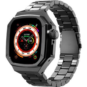 Luxury Aluminum Case with Stainless Steel Band for Apple Watch Ultra / Ultra 2 Titanium 49mm, Rugged Metal Military Protective Cover Protector, Tactical Heavy Duty Protection for Men iWatch, (Black)