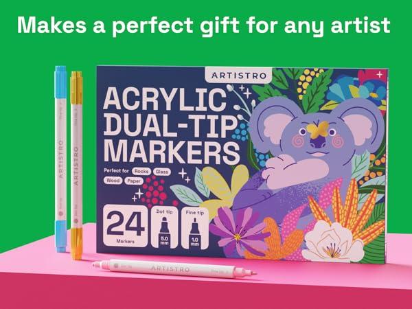 ARTISTRO Vibrant Acrylic Paint Markers for Rock, Fabric, Glass, Wood, Paper, Ceramic, Canvas & More - 60 Dual-Tip Paint Pens (Dot & Fine) - Quick Dry, Teacher Classrooms Must Have, Drawing Markers