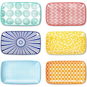 Selamica Rectangular Salad Plates, 7.1 Inch Dessert Plates Ceramic, Small Plates for Appetizer, Snack, Sushi, Fruit, Set of 6, Assorted Colors
