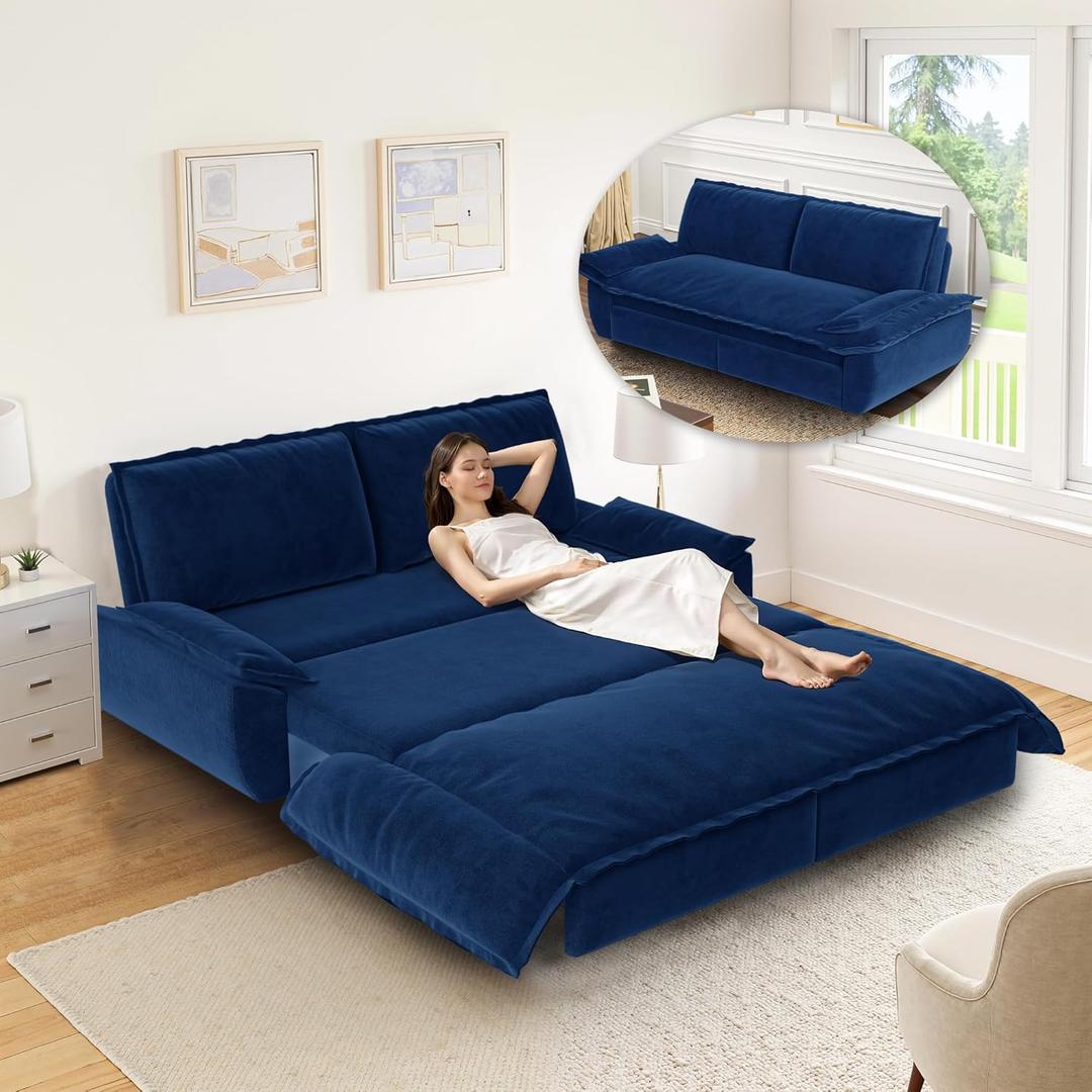 Queen Size Sleeper Sofa Bed, 73.2 Inch Pull Out Couch Velvet Loveseat Sofa Bed, 3 in 1 Convertible Queen Couch Beds with Side Pockets for ApartmentBedroom, Living Room, Royal Blue