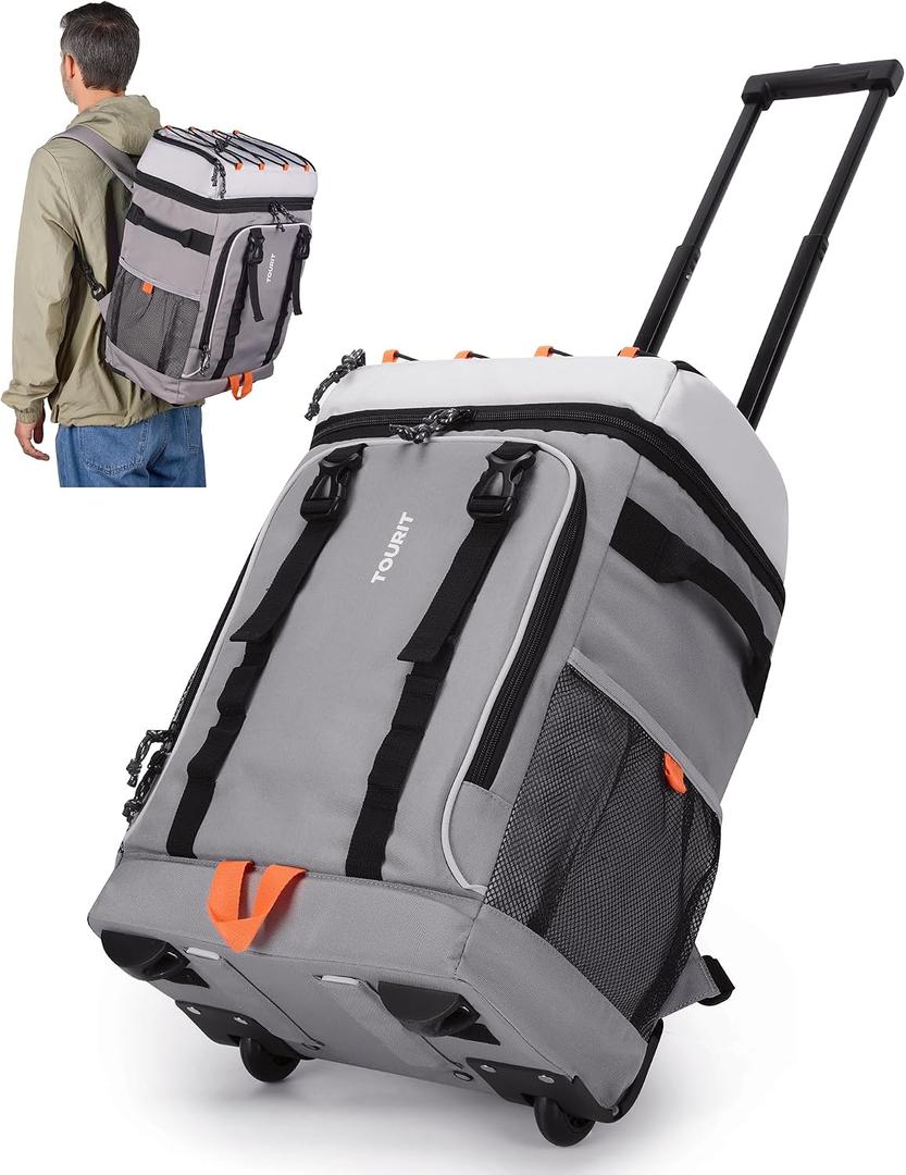 TOURIT 50 Cans Rolling Backpack, Double Deck & Dual-Bar Handle Travel Soft Cooler Bag with Wheels, 30L Space Beach Cooler Size 18"(15"+3")×13"×11",Grey