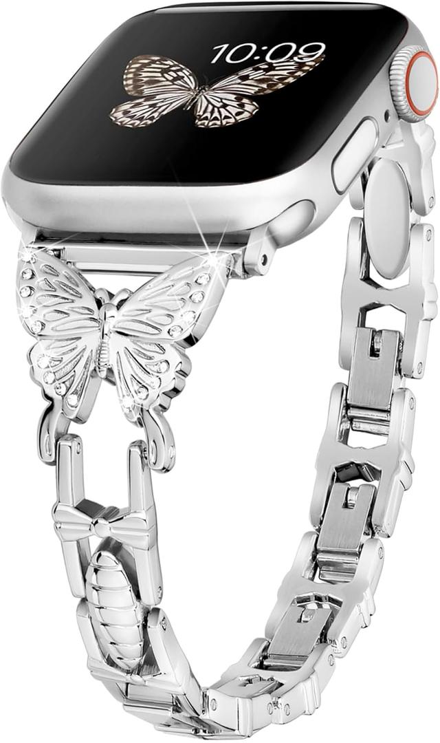 wipalor Butterfly Band for Bling Apple Watch Bands 42mm 41mm 40mm 38mm for Women, Metal Dressy iWatch Bands for Women, Designer Cute Strap for Apple Watch Band Series 11 10 9 SE 8 7 6 5 4 3-Silver