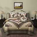 5 Peice Cotton Queen Size Bed Quilt Bedding Set Green Cream Quilt Sets with Shams Patchwork Plaid 96"x96" Farmhouse Bedspread Coverlets Set