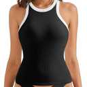 SUUKSESS Women Padded Cotton Ribbed Tank Tops 2025 High Neck Racerback Basic Tops (X-Small, Black With White)