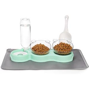 Cat Food Water Bowl, Triple Cats Bowls with Mat and Scoop, 15 Tilted Raised Cat Bowl Dishes with Automatic Water Bottle, Pet Feeding Bowls for Cats, Small Dogs, Wet, Dry Food