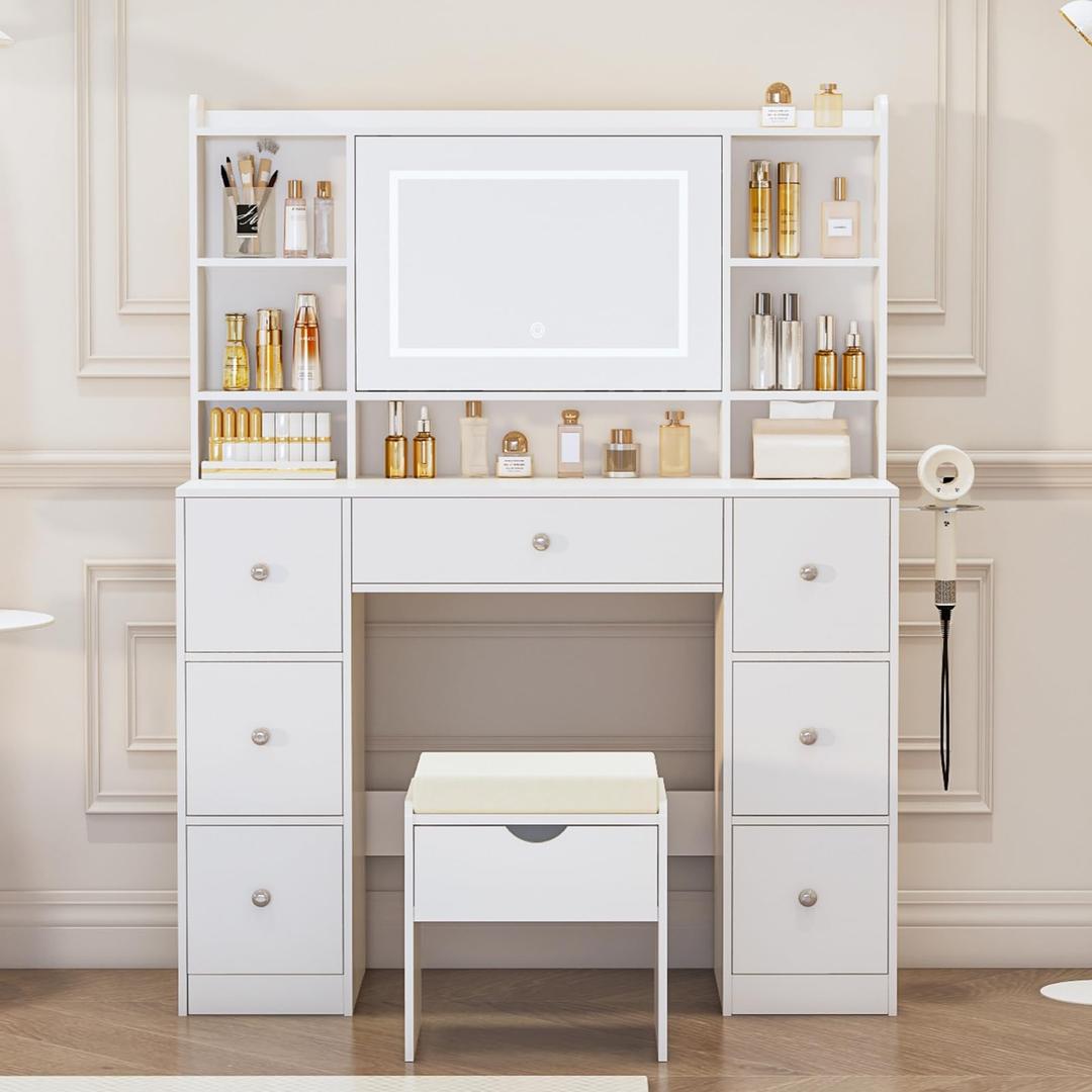 Viaozutis Vanity Desk with Mirror & LED Lights, Built-in Power Outlet, Dimmable LED Lighting, 7 Drawers & 7 Storage Compartments, Includes Padded Stool – Ideal Table for Bedroom Dressing Room (White)