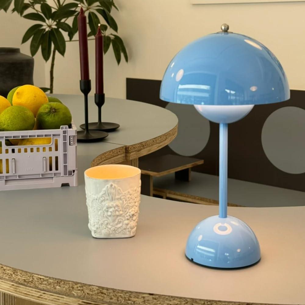 Flowerpot Lamp Modern Flower Bud 12" Cordless Touch Dimmable 2600mAh Rechargeable Desk Lamps Nordic Minimalist Mushroom Lamps Retro Nightstand Bedside Lamp for Bedroom Living Room(Blue) (Blue)