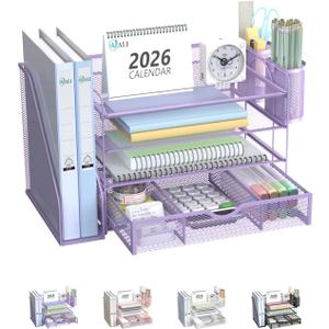 WALI Desk File Organizer, 4 Tier Desktop Paper Letter Tray Organizer with Drawer and 2 Pen Holders, Office Desk Accessories & Workspace Organizers for Office, Home Supplies(DO005DH-V), 1 Pack, Purple
