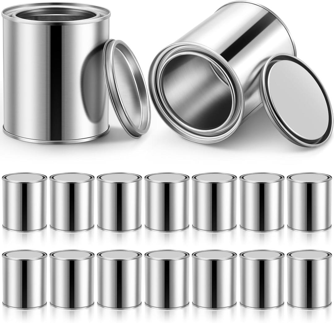 Vesici 16 Pack Empty Metal Paint Cans with Lids 0.84 Pint Paint Can Empty Unlined Can Small Multipurpose Metal Pail Buckets Storage Containers for Crafts DIY Project Adhesives(Silver)