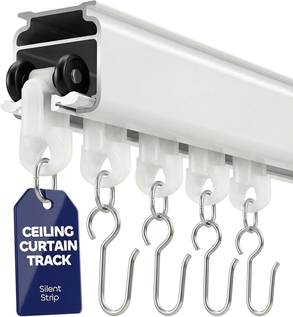 Ceiling Curtain Track for Room Divider, Curtain Track Ceiling Mount/Wall Mount Rail Set with Roller Hooks, Cut-to-Fit White, 6ft - 9ft
