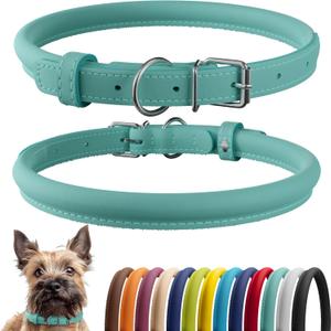 CollarDirect Rolled Leather Dog Collar, Soft Padded Round Puppy Collar, Handmade Genuine Leather Collar Dog Small Large Cat Collars 13 Colors (8-11 Inch, Mint Green Smooth) (Minty Blue Smooth)