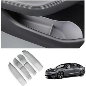 Car Side Storage Box for 2020-2025 Tesla Model Y Accessories Front Rear Door Insert Tray Organizer Slot Storage Protector - TPE Material, grey, 4 Pieces