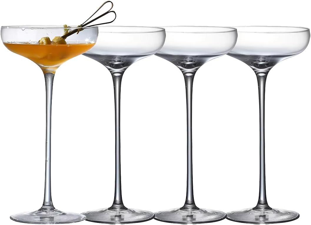 Crystal Cocktail Coupe Glasses, Long Stem, Hand Blown, 8 oz, Set of 4, Clear