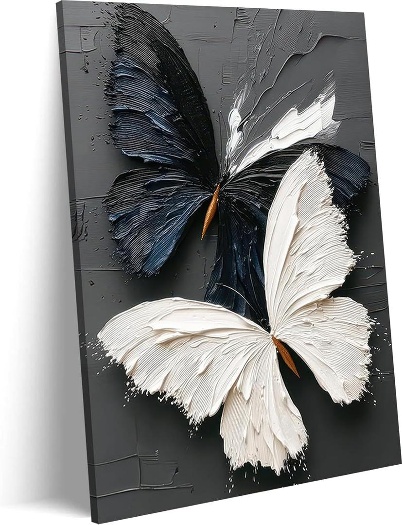 2D Butterfly Canvas Wall Art Black and White Butterflies Painting Style Artwork Abstract Butterfly picture prints Modern Minimalist Wall Decor for Living Room Bedroom Bathroom Office 12*16 in Canvas
