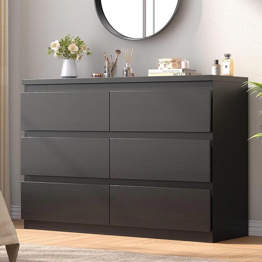 Black 6 Drawer Dresser for Bedroom, 15.3" D x 47.2" W x 32.3" H in Simply Modern Chest of Drawers, Wood Storage Double Dresser with Deep Drawers for Living Room, Hallway Entryway, Black