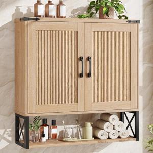 Vabches Bathroom Wall Cabinet, Fluted Medicine Cabinet, Natural Oak, 31.5 x 29.53 x 7.87 inches
