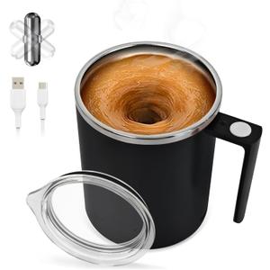 Self Stirring Coffee Mug with Magnetic Mixing, 304 Stainless Steel, Transparent Resin Lid, Automatic Mixing for Coffee, Milk, Hot Chocolate, Home, Office, Travel(Black) (12 OZ)