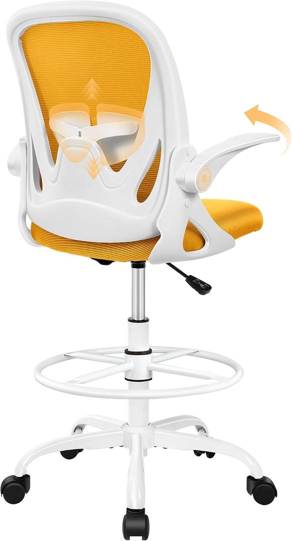 Primy Drafting Chair Tall Office Chair with Flip-up Armrests Executive Ergonomic Computer Standing Desk Chair with Lumbar Support and Adjustable Footrest Ring (Mustard), 934-Z