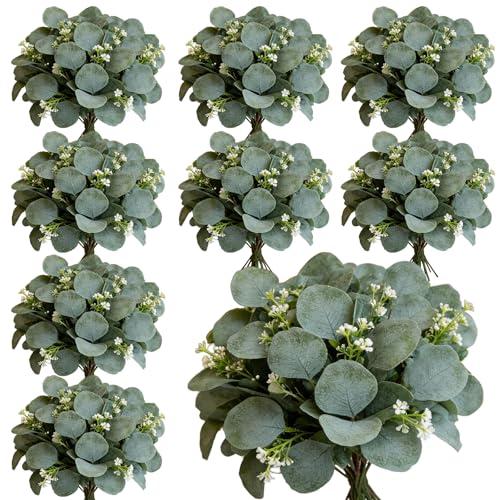 Grandeal 40 Pcs Faux Eucalyptus Leaves Stems Bulk Silver Dollar White Seed Artificial Greenery Stems Fake Sprays Branches for Wedding Table Centerpiece Bouquet Garland Floral Arrangement Home Decor
