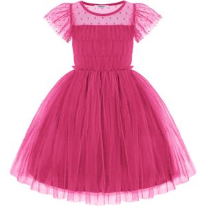 Arshiner Little Girl Dresses Contrast Mesh Ruffle Sleeve Birthday Holiday Princess Toddler Tulle Dress for 2-7 Years Old (5-6 Years, Hot Pink)
