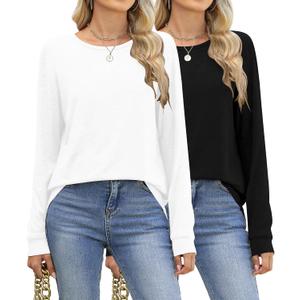 Long Sleeve Tops for Women 2 Pack Chic Shirts Trendy Solid Blouses Business Casual Tee (X-Large, White/Black)