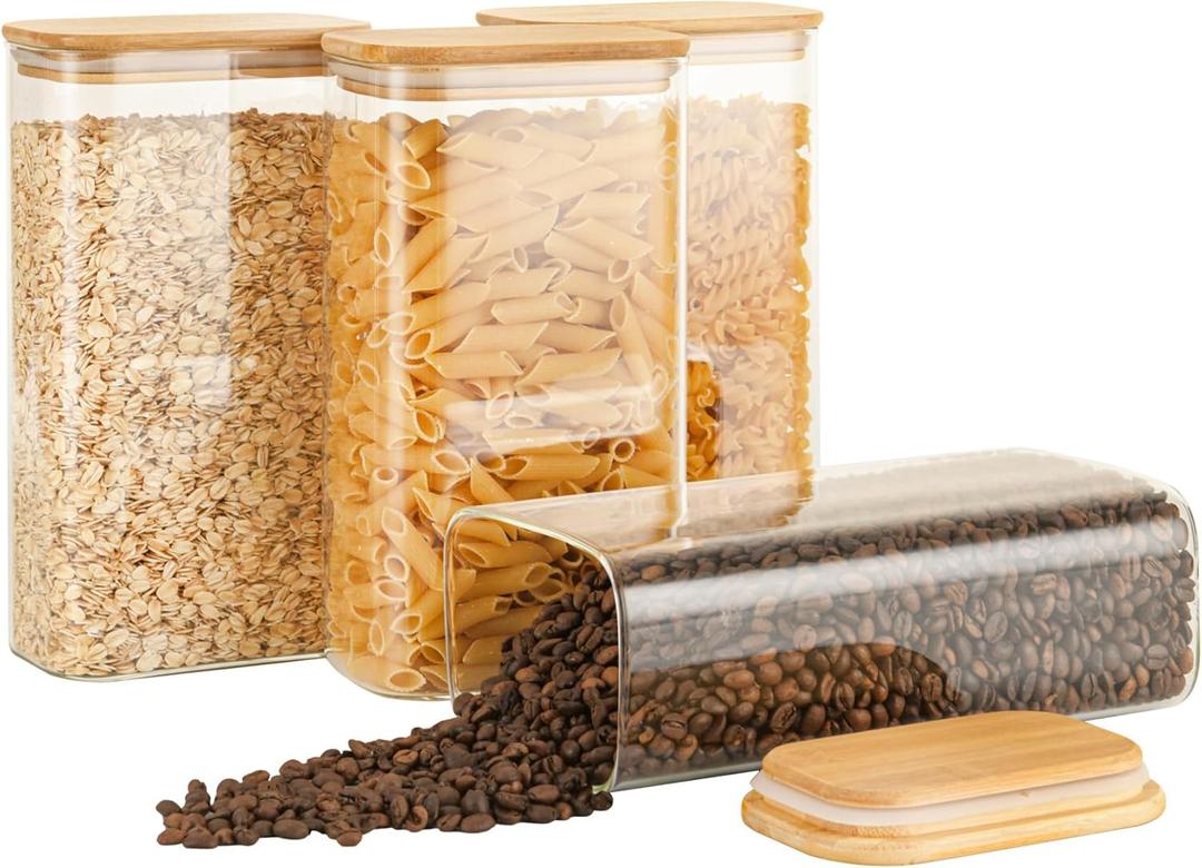 56oz Rectangle Airtight Glass Storage Containers with Bamboo Lids (Set of 4), Square Food Storage Jar, Pantry Organizers for Oats, Cereal, Pasta and Coffee beans (with Black Lable)