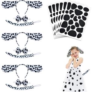 Coopay 9 Pieces Dalmatian Costume Set with Dog Ear Headbands, Bow Tie, Tail and 144 Pieces Black Adhesive Felt Circles for Halloween DIY Dress Up Party Costume
