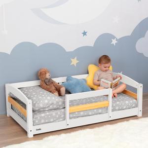 Toddler Bed with Rails | Low Montessori Floor Bed Frame for Kids | Standard Crib Size Wooden Frame for Independent Toddlers 2 - White