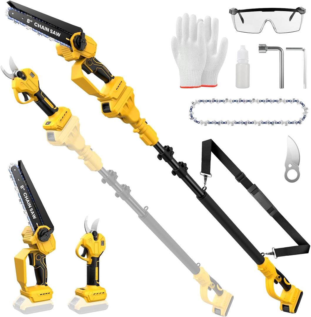 4-in-1 Cordless Pole Saw & Electric Pruning Shears Combo for De Walt 20V MAX Battery (No Battery), Brushless 8 Inch Mini Chainsaw, 15.8 FT Max Reach, Tree Trimmer & Branch Cutter