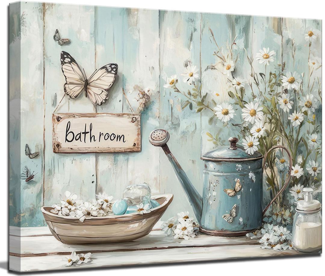 Vintage Farmhouse Bathroom Canvas Wall Art Rustic Flower and Butterfly Decor Pictures White Jasmine Flowers Watering Can Posters Prints for Bathroom Toilet Washroom Lavatory Home Decoration