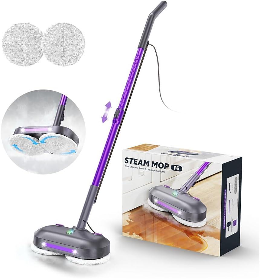 Scrubbing Steam Mop with Rotating Pads,All-in-One Spin Steam Cleaner for Floor Cleaning,Large Tank,23FT Cord, LED Headlights,Reusable Pads & Self-Standing,Safe for Hard Floor/Laminate/Marble (Violet)