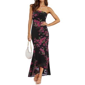 MEROKEETY Women's Summer Strapless Floral Maxi Dress 2026 Bodycon Mesh Wedding Guest Cocktail Party Tube Dresses (Black, L)