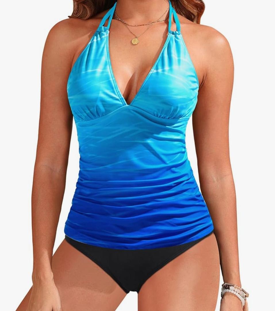 Yonique Womens Two Piece Swimsuits Tummy Control Tankini Plus Size Bathing Suit Halter V Neck Swimwear Blue/Black XL